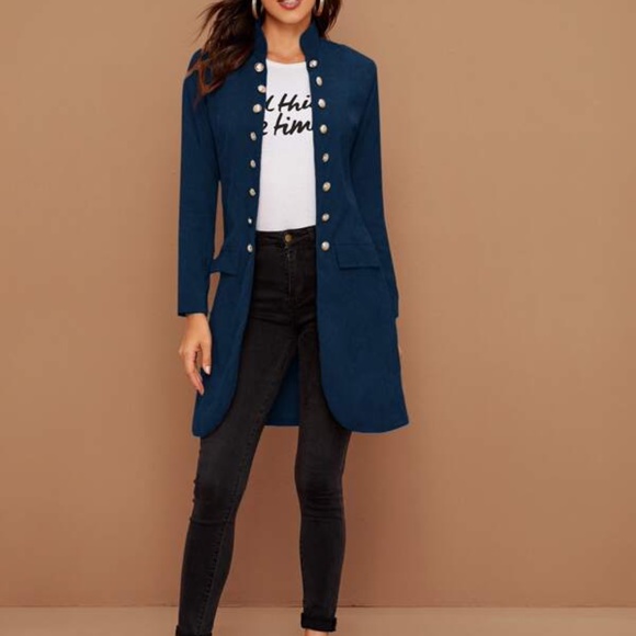 Dusty blue Button Detail Open Front Corduroy Jacket Shacket - Picture 6 of 13